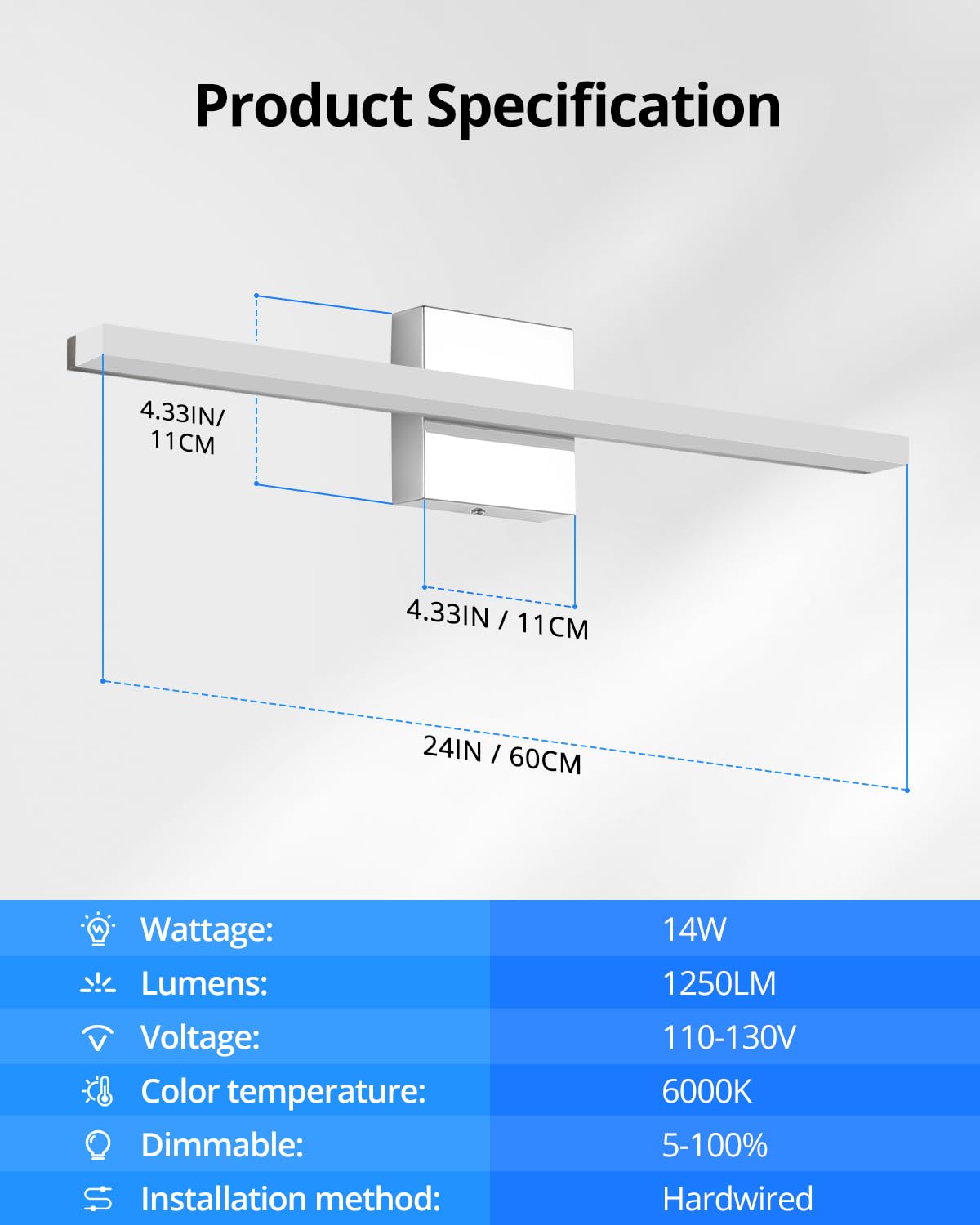 Combuh Modern Bathroom Light Fixtures Over Mirror 16 Inch IP44 9W Chrome Vanity Light Bar for Bathroom Wall Light Fixtures Cool White 6000K