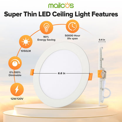 12 Pack 6 Inch 5CCT Ultra-Thin LED Recessed Ceiling Light with Junction Box, 2700K-5000K Selectable, 1050LM High Brightness, Dimmable Canless Wafer Downlight, 12W 120V, ETL