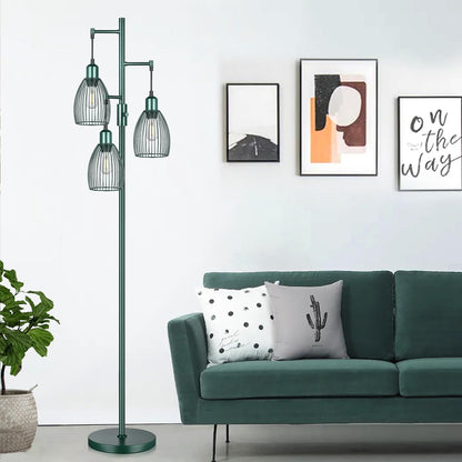 Dimmable Industrial Floor Lamps for Living Room, Gold Tree Standing Tall Lamps with 3 Elegant Teardrop Cage Head & 800 Lumens LED Bulbs for Bedroom Office