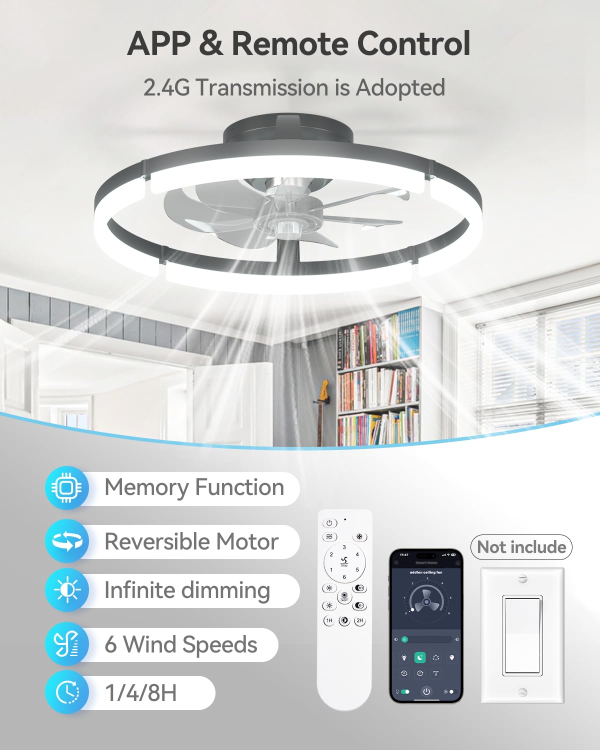 addlon Ceiling Fans with Lights and Remote, 20'' Low Profile Ceiling Fans, 3000-6000K Dimmable Modern Flush Mount LED Fan Light, Fandelier Ceiling Fan for Bedroom, Kitchen, Living Room, Black
