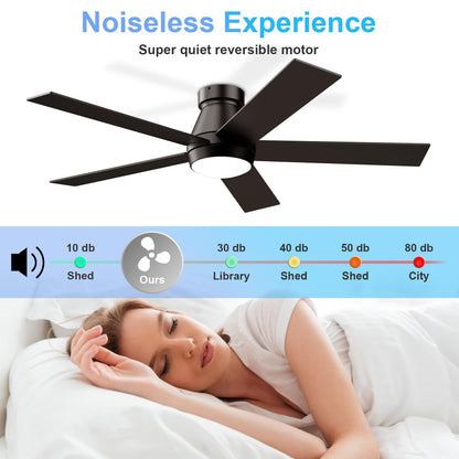 TCL 52" Ceiling Fan with Lights, Black Flush Mount Ceiling Fans with Remote Control, 6 Speeds DC Reversible, Dimmable, Noiseless, Low Profile
