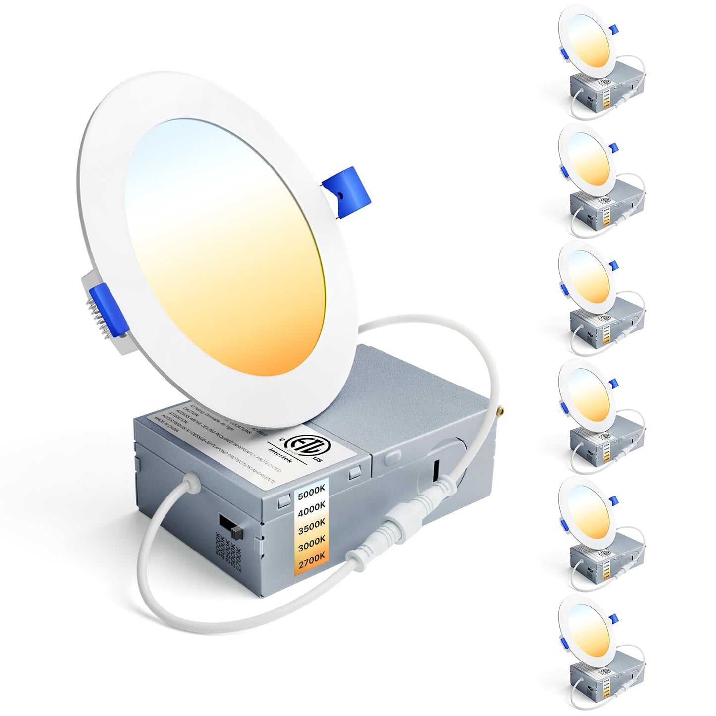 Ensenior 6 Pack 6 Inch LED Recessed Light, Dimmable, 2700K-5000K 5CCT, 1200LM High Brightness, 12W 120V, Damp Rated, Ultra-Thin Canless Wafer Ceiling Light - ETL & FCC & IC