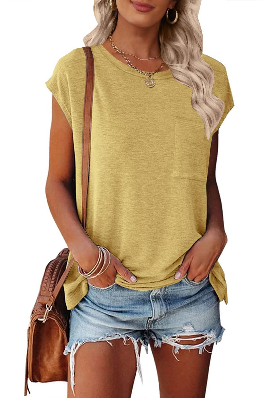 MEROKEETY Women's Casual Cap Sleeve T Shirts Basic Summer Tops Loose Solid Color Blouse