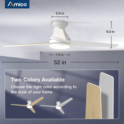 Amico Ceiling Fans with Lights, 42 inch Low Profile Ceiling Fan with Light and Remote Control, Flush Mount, Reversible, 3CCT, Dimmable, Noiseless, White Ceiling Fan for Bedroom, Indoor/Outdoor Use