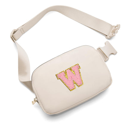 Gitus Belt Bag Fanny Pack Crossbody Bags with Initial Letter Patch Cute Stuff Birthday Gifts for Teenager Girls Cool Stuff for Teens Trendy Preppy Stuff for Teen Girls (Beige-A)