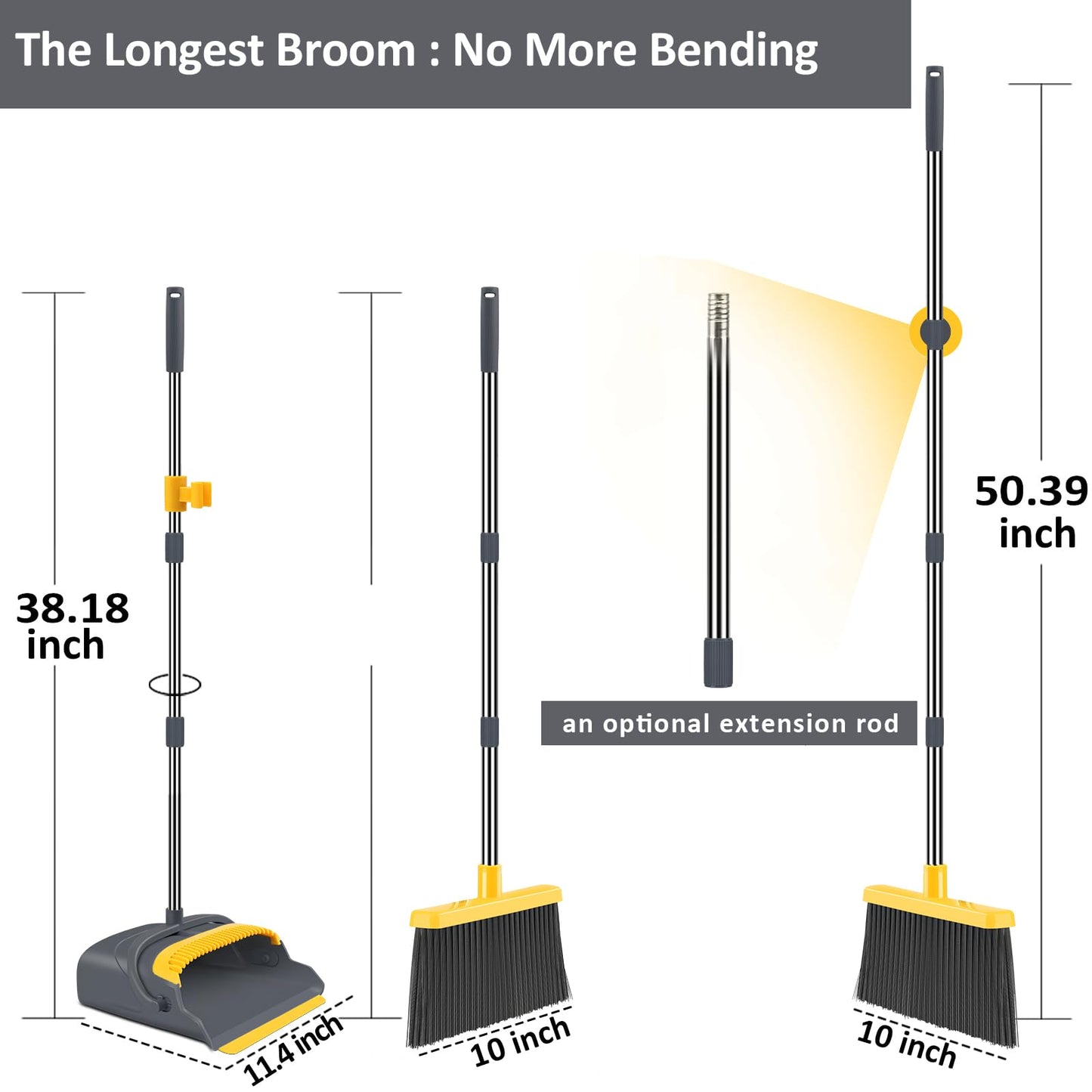 kelamayi Upgrade Broom and Dustpan Set, Self-Cleaning with Dustpan Teeth, Indoor&Outdoor Sweeping, Ideal for Dog Cat Pets Home Use, Stand Up Broom and Dustpan (Gray&Orange)