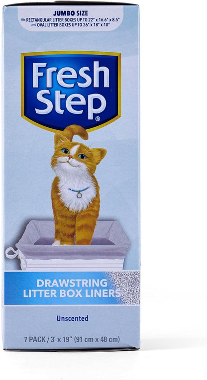 Fresh Step Drawstring Cat Litter Box Liners, Unscented, Size Jumbo, 36" x 19" | Kitty Litter Bags - 15 Count - Cat Litter Liners for Rectangle or Oval Large Litterboxes