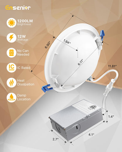 Ensenior 4 Pack 4 inch Gimbal Led Recessed Light with Junction Box, 90° Adjustable Directional Eyeball Lighting, Dimmable, 2700K/3000K/3500K/4000K/5000K, 900LM, 9W=100W-FCC Certified