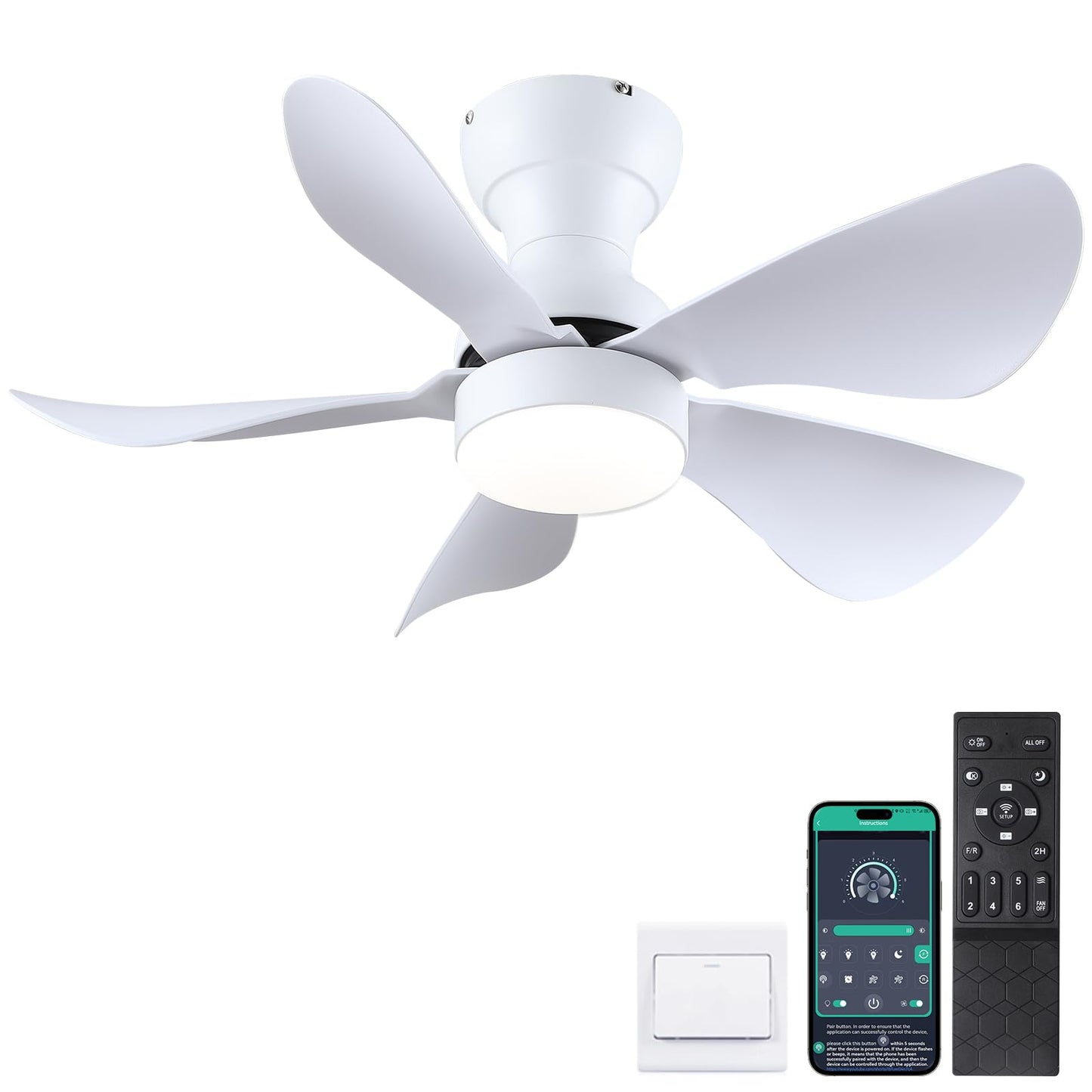 Ceiling Fans with Lights and Remote/APP Control, 30 inch Low Profile Ceiling Fans with 5 Reversible Blades 3 Colors Dimmable 6 Speeds Ceiling Fan for Bedroom Kids Room Dining Room, Black