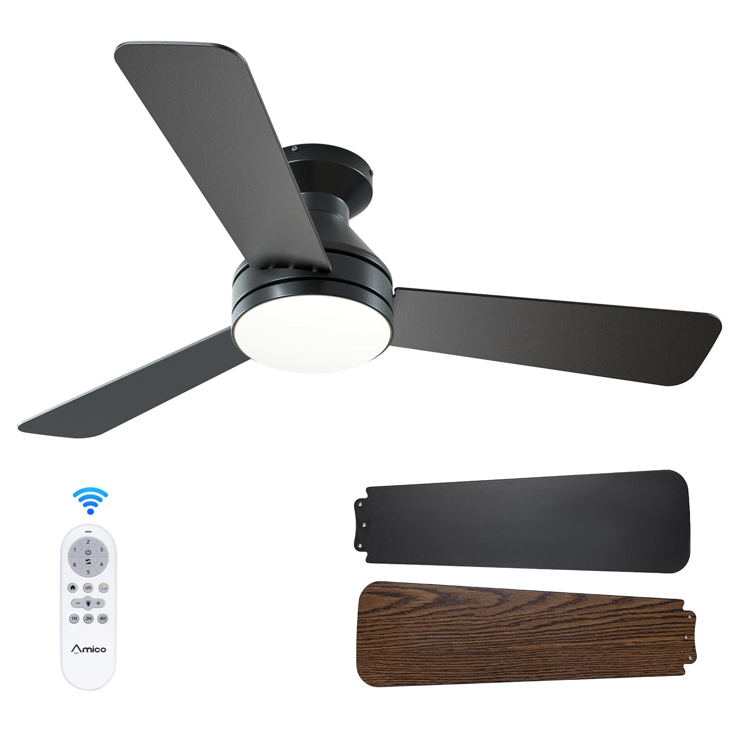 Amico Ceiling Fans with Lights, 42 inch Low Profile Ceiling Fan with Light and Remote Control, Flush Mount, Reversible, 3CCT, Dimmable, Noiseless, White Ceiling Fan for Bedroom, Indoor/Outdoor Use