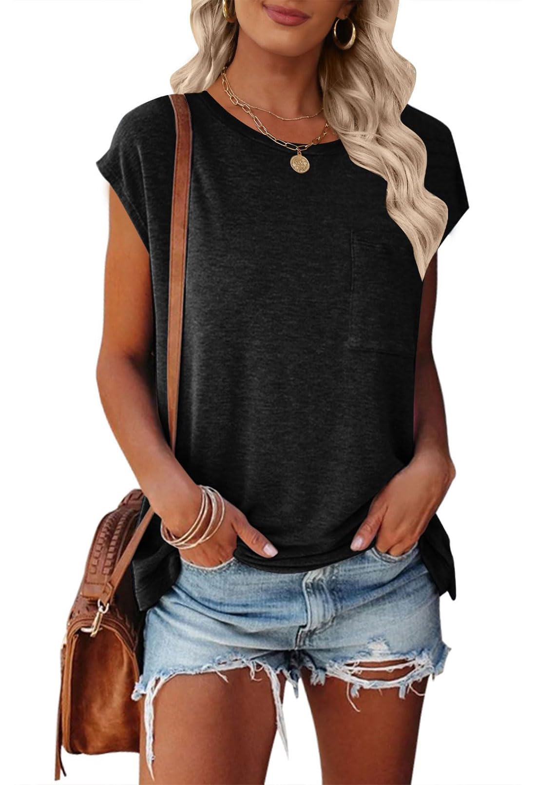 MEROKEETY Women's Casual Cap Sleeve T Shirts Basic Summer Tops Loose Solid Color Blouse