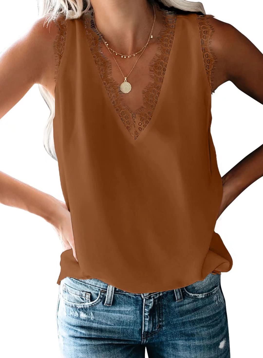 BLENCOT Women Tank Tops V Neck Sleeveless Lace Blouse Casual Vest Summer Camisole Shirts