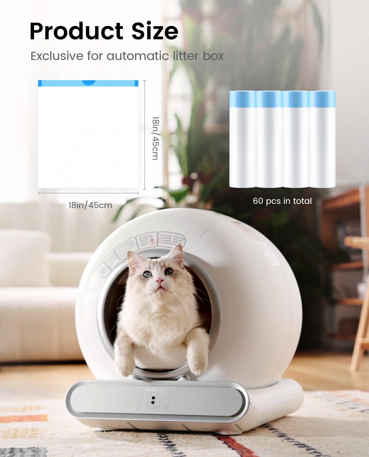 Self Cleaning Cat Litter Box, Ultra-Safe Protection Automatic Cat Litter Box, APP Control/Lower Entry/Large Capacity Cat Litter Box with 3 Rolls Liners & Mat, 65L, Gray