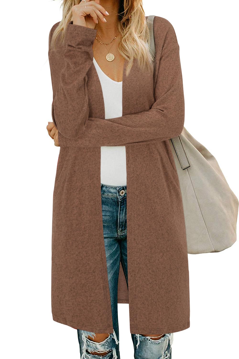 OUGES Women's Open Front Cardigan Shirt with Pockets Long Sleeve Lightweight Coat