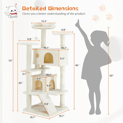 Sweetcrispy 54-Inch Cat Tree Tower – Multi-Level with Sisal Scratching Post, Perfect Pet Gift, Indoor Condo with Climbing Ladder, Plush Toy, and More Animal Stuff, Light Grey