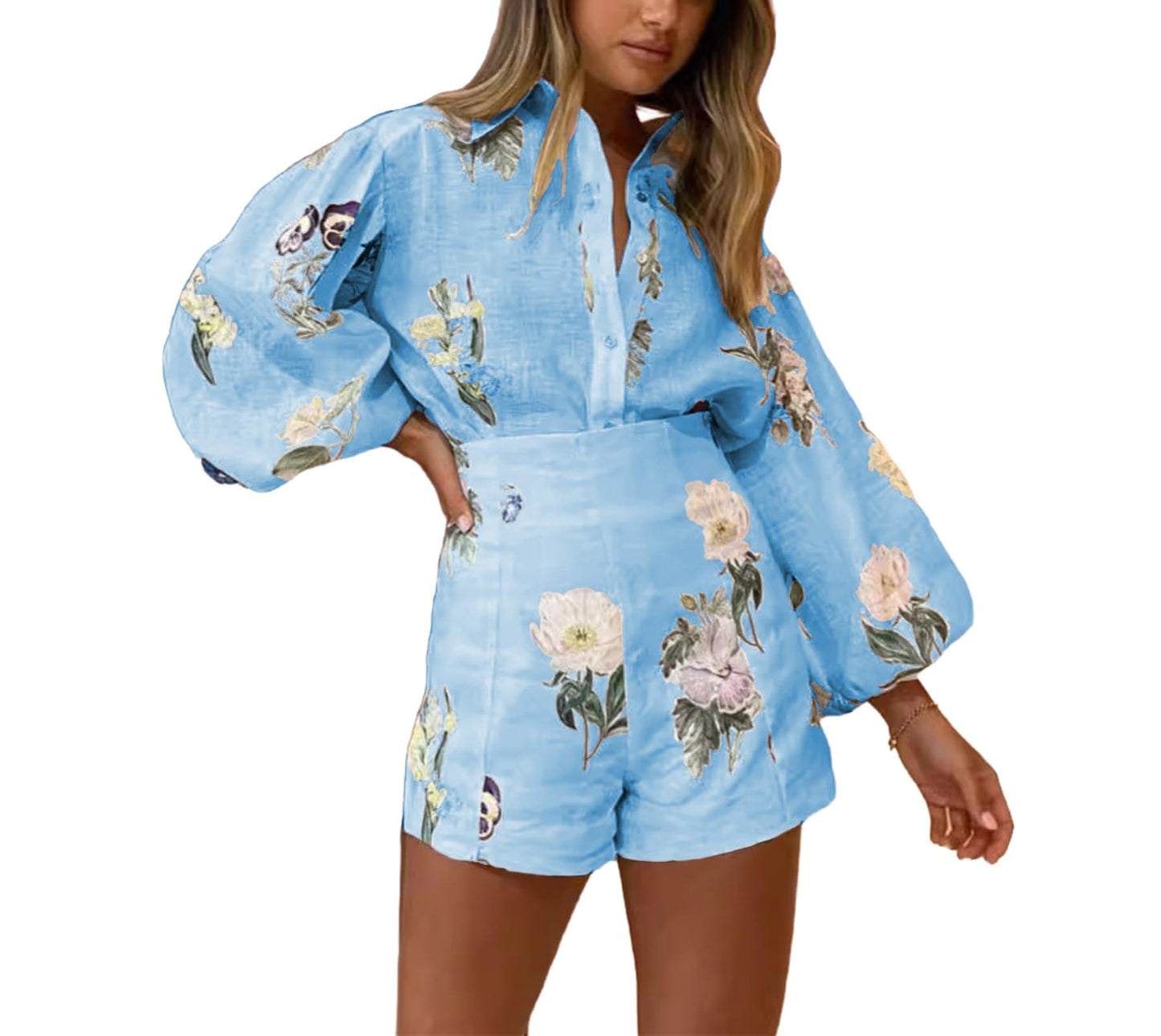 Molilove Womens 2 Piece Outfit Hawaiian Long Sleeve Button Down Shirt and Shorts Tracksuit Lounge Set