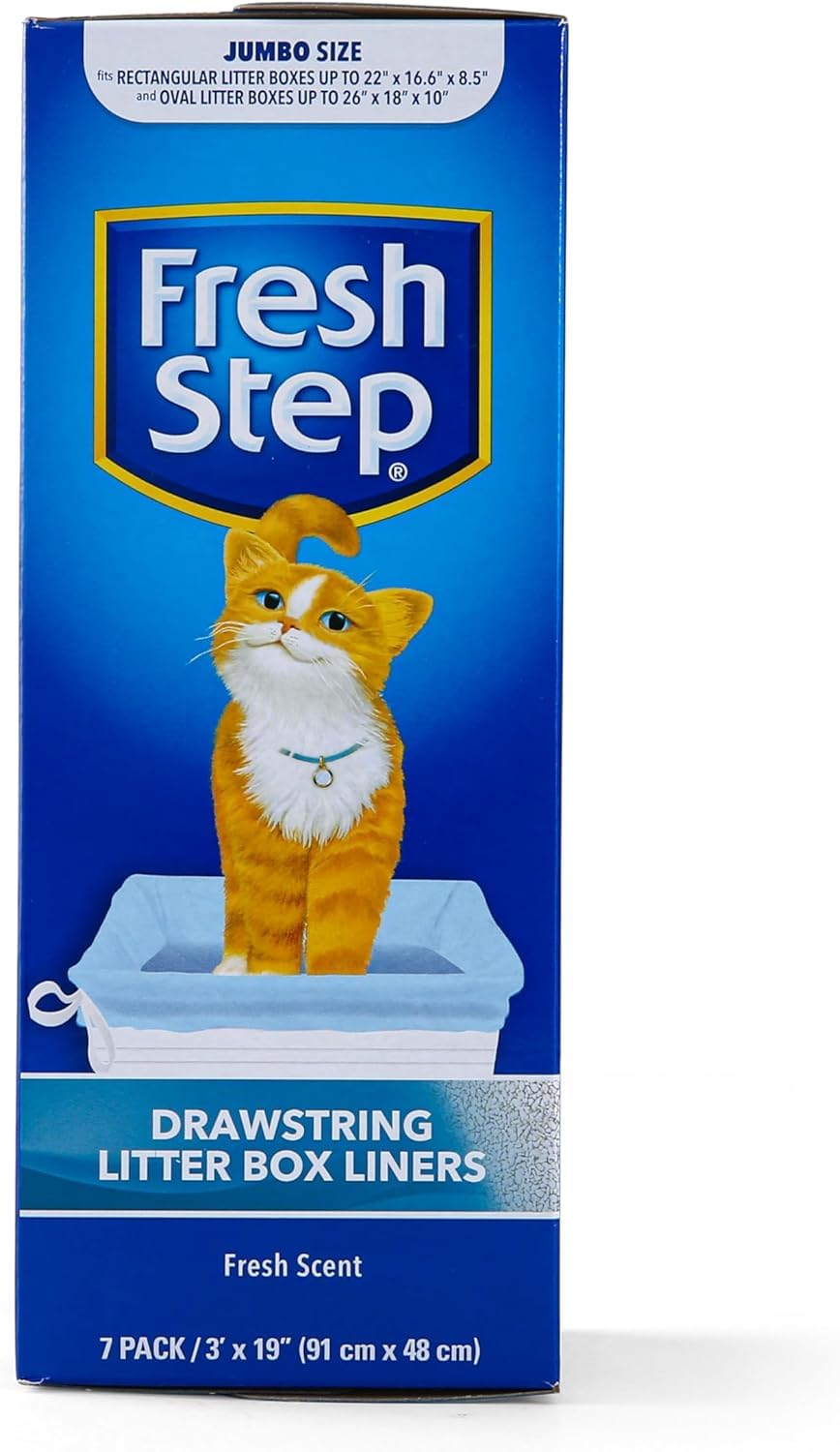 Fresh Step Drawstring Cat Litter Box Liners, Unscented, Size Jumbo, 36" x 19" | Kitty Litter Bags - 15 Count - Cat Litter Liners for Rectangle or Oval Large Litterboxes