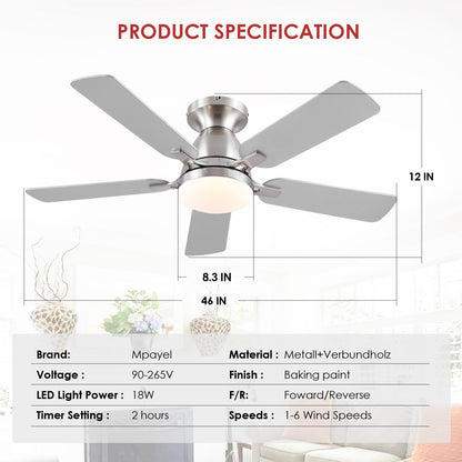 Ceiling Fans with Lights- 46" Low Profile Indoor Ceiling Fan with Light and Remote/APP Control, Flush Mount, LED Dimmable DC Reversible Modern Ceiling Fan for Bedroom（Black）