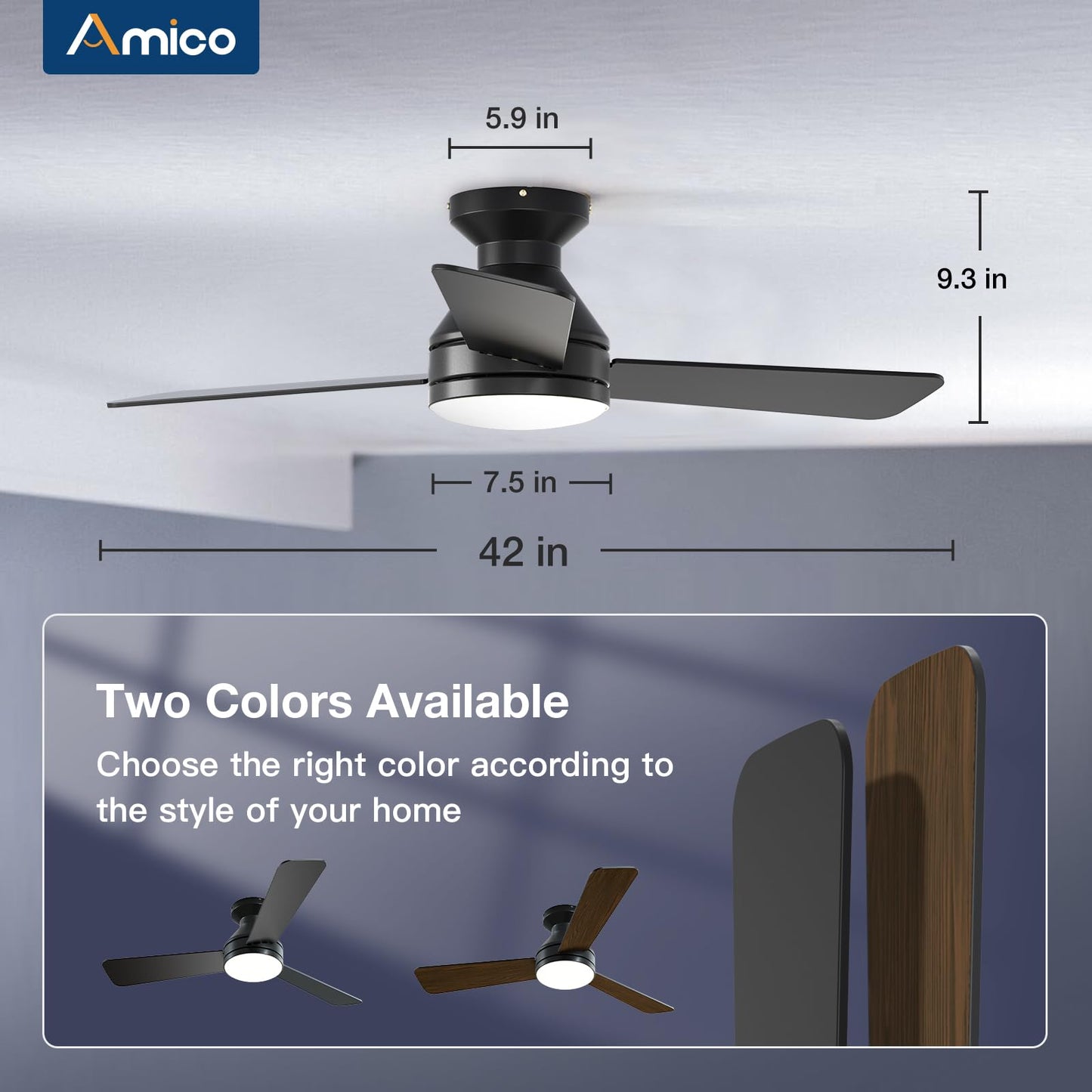 Amico Ceiling Fans with Lights, 42 inch Low Profile Ceiling Fan with Light and Remote Control, Flush Mount, Reversible, 3CCT, Dimmable, Noiseless, White Ceiling Fan for Bedroom, Indoor/Outdoor Use