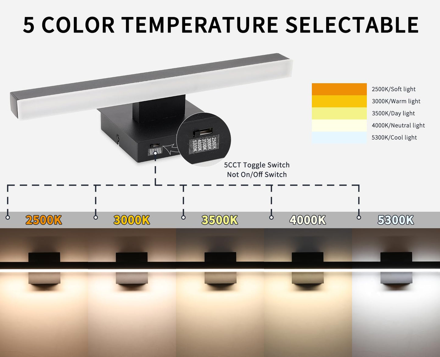 Joossnwell Black Bathroom Vanity Light Fixtures Dimmable 5CCT LED Bathroom Lighting Bar 15.75 Inch Modern Bath Lights Fixture Over Mirror 12W
