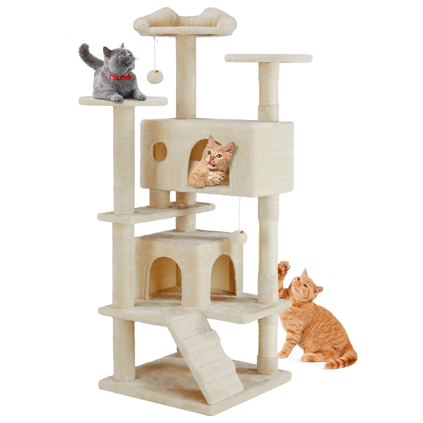Sweetcrispy 54-Inch Cat Tree Tower – Multi-Level with Sisal Scratching Post, Perfect Pet Gift, Indoor Condo with Climbing Ladder, Plush Toy, and More Animal Stuff, Light Grey