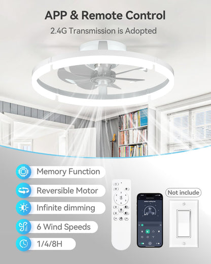 addlon Ceiling Fans with Lights and Remote, 20'' Low Profile Ceiling Fans, 3000-6000K Dimmable Modern Flush Mount LED Fan Light, Fandelier Ceiling Fan for Bedroom, Kitchen, Living Room, Black