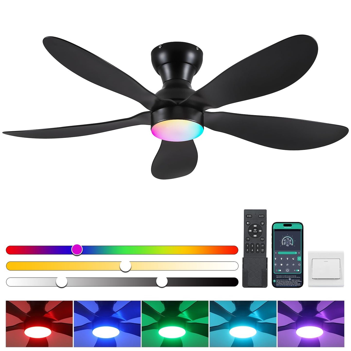 Ceiling Fans with Lights and Remote/APP Control, 30 inch Low Profile Ceiling Fans with 5 Reversible Blades 3 Colors Dimmable 6 Speeds Ceiling Fan for Bedroom Kids Room Dining Room, Black