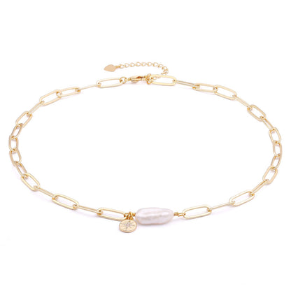 Aobei Pearl 18K Gold Paperclip Chain Choker Satellite Chain Biwa Pearl Pendant Necklace Dainty Jewelry for Women