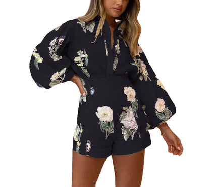 Molilove Womens 2 Piece Outfit Hawaiian Long Sleeve Button Down Shirt and Shorts Tracksuit Lounge Set