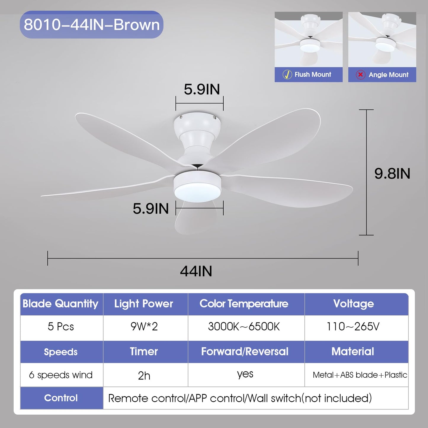 Ceiling Fans with Lights and Remote/APP Control, 30 inch Low Profile Ceiling Fans with 5 Reversible Blades 3 Colors Dimmable 6 Speeds Ceiling Fan for Bedroom Kids Room Dining Room, Black