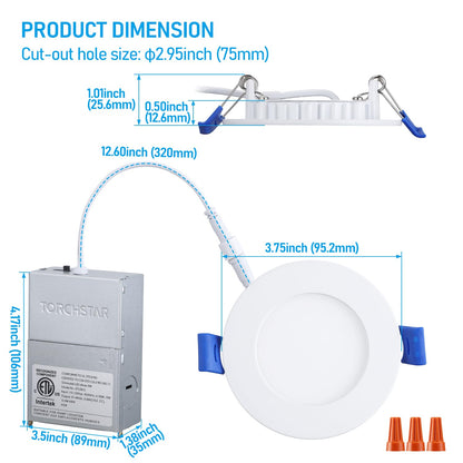 TORCHSTAR Basic Series 12-Pack 6 Inch Ultra-Thin LED Recessed Lighting with Junction Box, CRI90, Aluminum, 5000K Daylight, 5%-100% Dimmable Slim Recessed Downlight, 12W 1100LM, ETL and Energy Star