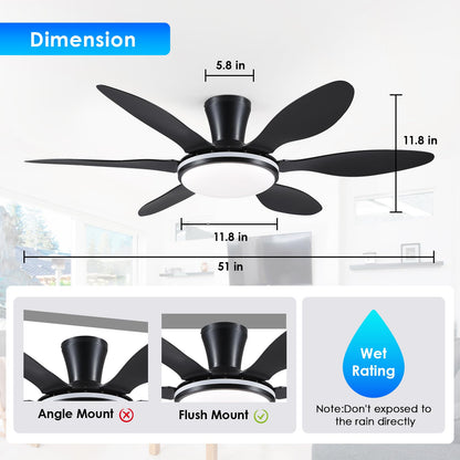 Ceiling Fans with Lights, 51 inch Modern Black Low Profile Ceiling Fan with Light and Remote App Control, Flush Mount, Quiet DC Reversible, Dim Led Ceiling Fan 6 Blade Softer Wind Indoor/Outdoor Patio