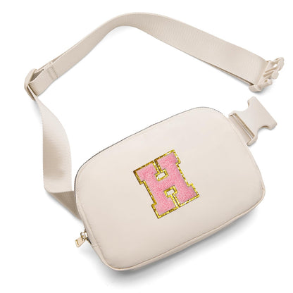 Gitus Belt Bag Fanny Pack Crossbody Bags with Initial Letter Patch Cute Stuff Birthday Gifts for Teenager Girls Cool Stuff for Teens Trendy Preppy Stuff for Teen Girls (Beige-A)