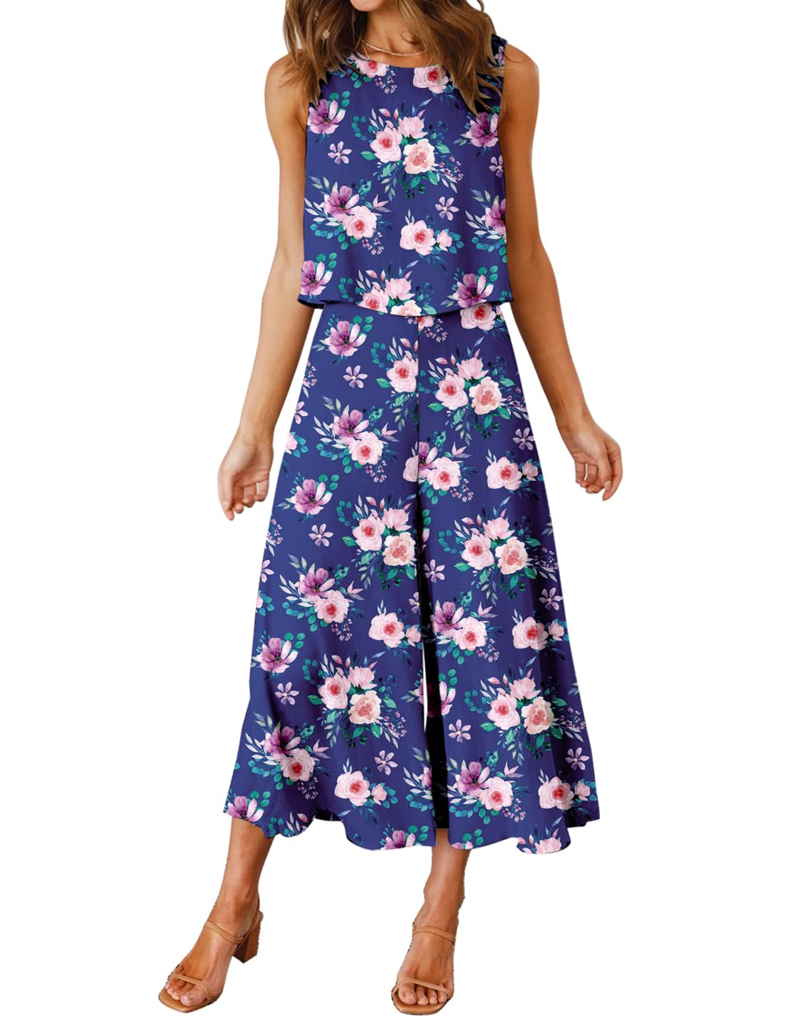 ROYLAMP Women's Summer 2 Piece Outfits Round Neck Crop Basic Top Cropped Wide Leg Pants Set Jumpsuits
