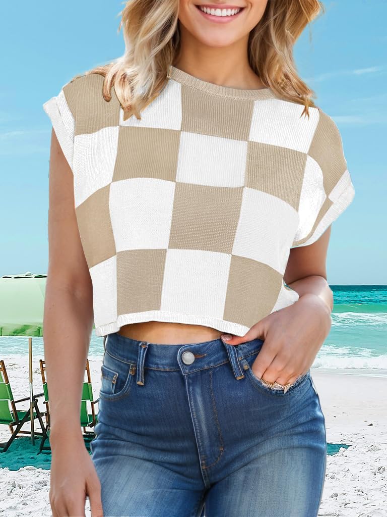 Womens Spring Crop Tops 2025 Cap Short Sleeve Sweater Vest Tank Loose Shirts Business Vacation Outfits Trendy Fall Summer Top