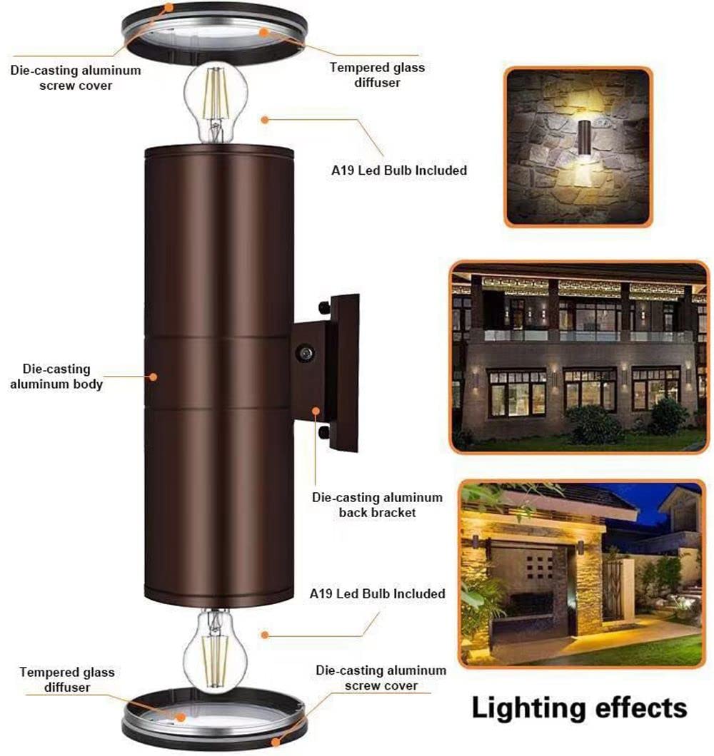 Outdoor Wall Lights Dusk to Dawn Exterior Lighting Fixtures Wall Mount - 2 Light Bulbs Included, Modern Sconces Wall Lighting- Up Down Exterior Outdoor Lights for Porch, Backyard and Patio