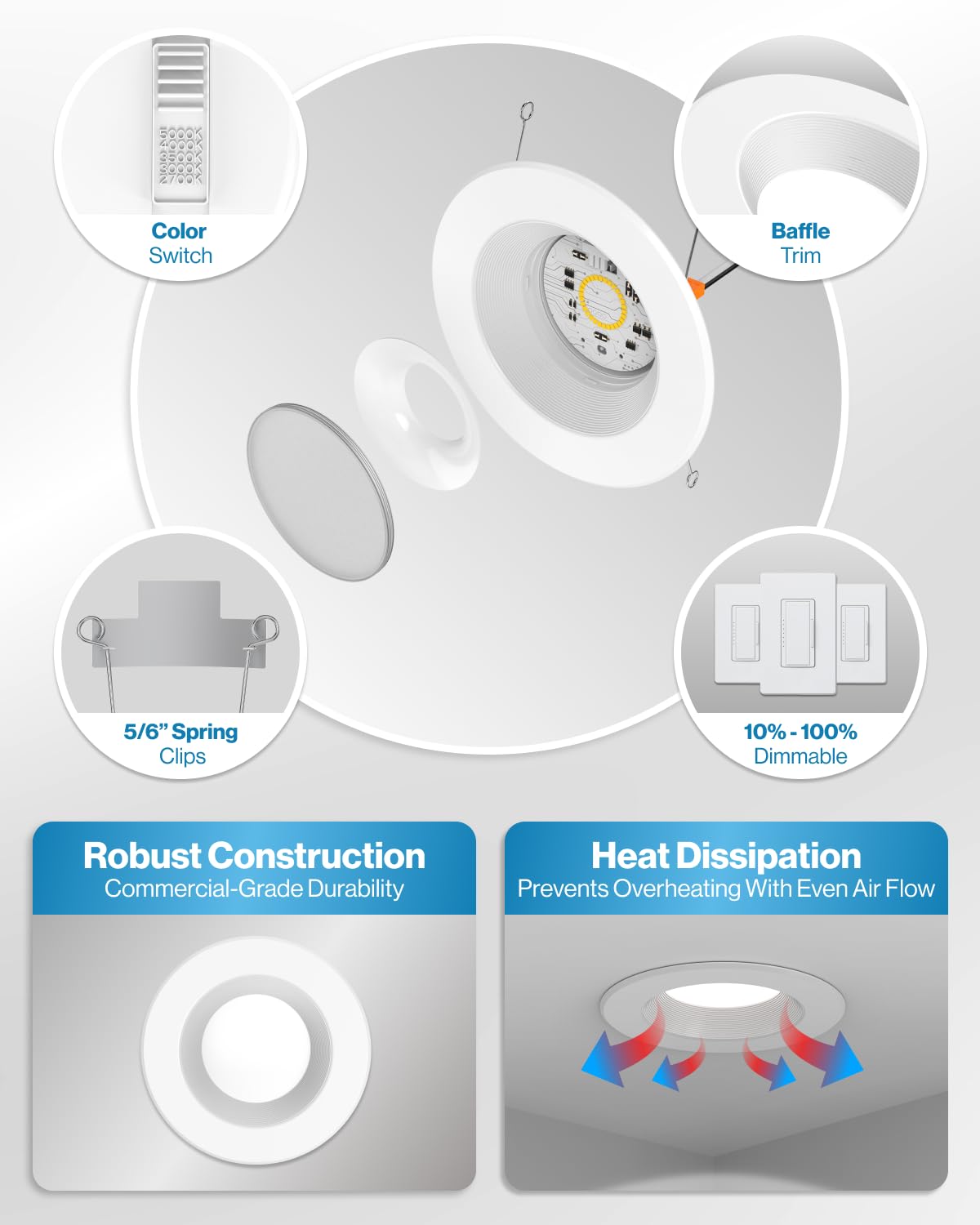 Sunco Recessed Lighting 6 Inch, Retrofit Can Lights, 965LM, 13W (75W Equivalent), Selectable CCT 2700K/3000K/3500K/4000K/5000K, Dimmable, Baffle Trim, Damp Rated UL 4 Pack
