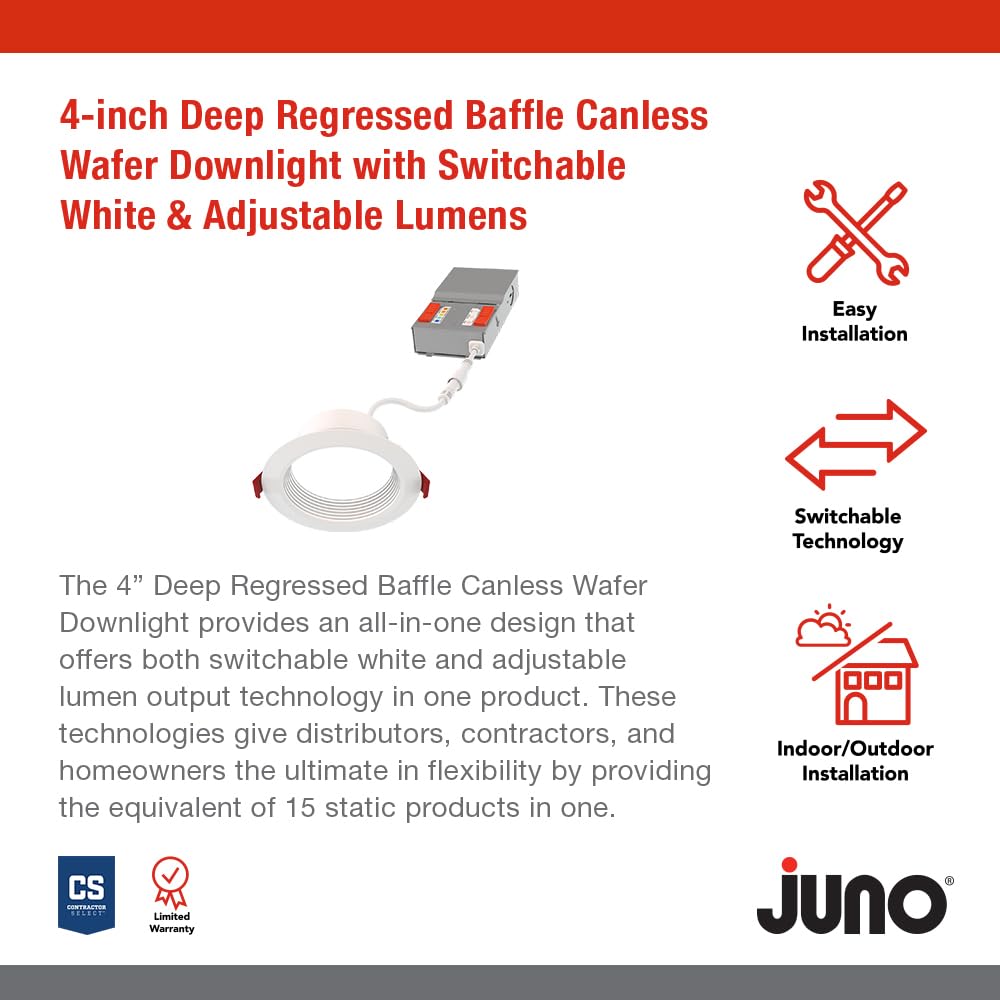 Juno WF6 Dreg SM ALO20 SWW5 90CRI CP6 MW M2 Canless Wafer Recessed LED Downlight, Deep Regressed Smooth Trim Style, 6-Inch, Matte White, 6-Pack