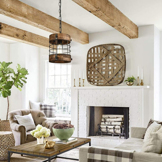 Retro Industrial Metal and Wood Chandelier 1-Light round Cage Pendant