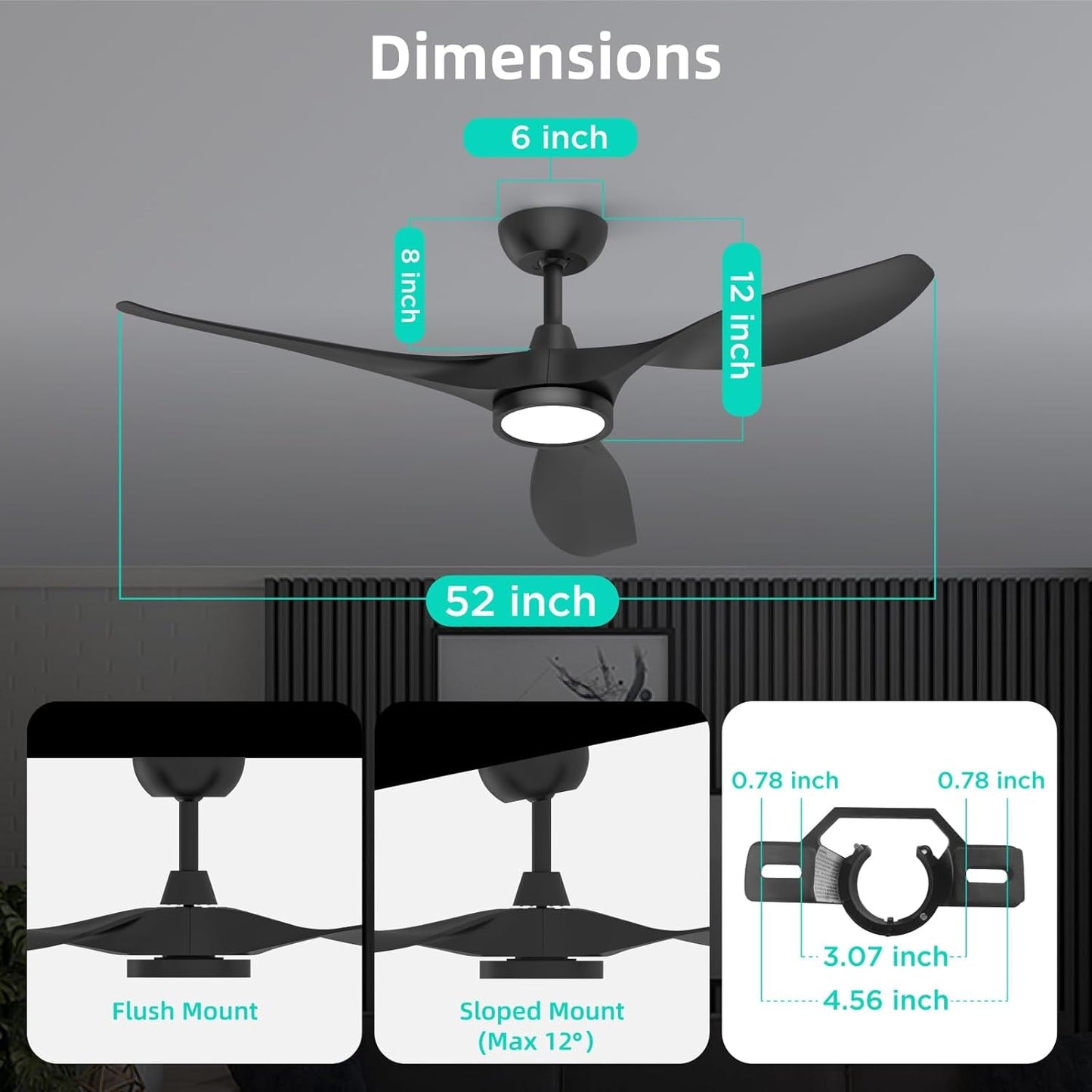 Ceiling Fans with Lights and Remote, Black Ceiling Fan 52 Inch Quiet