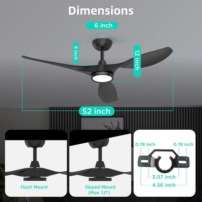 Ceiling Fans with Lights and Remote, Black Ceiling Fan 52 Inch Quiet