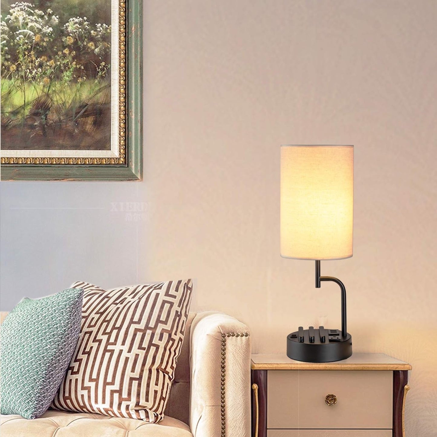 Table Lamp with 3 USB Charging Ports, Modern Desk Lamp with AC Outlet