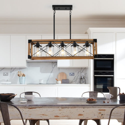 5 Lights Vintage Farmhouse Chandelier For Kitchen, Living Room, Dining Room Walnut - No Bulbs
