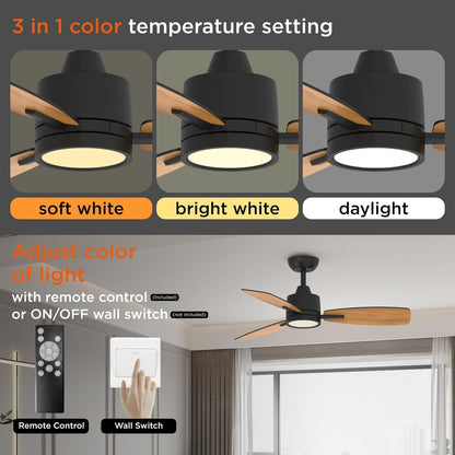 42 Inch Black Ceiling Fans with Lights Led Remote Control Flush Mount