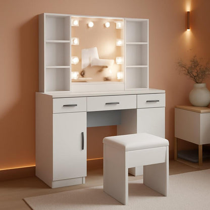 White Vanity Desk With Premium LED Lighting Storage-0