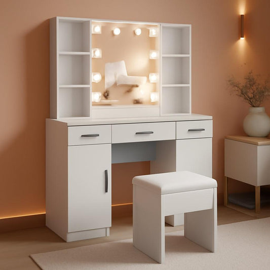 White Vanity Desk With Premium LED Lighting Storage-0