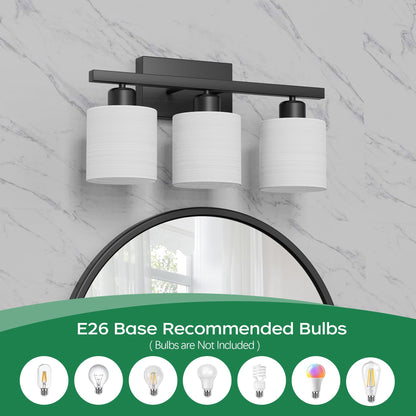 PARTPHONER Bathroom Light Fixtures, Bathroom Lighting Fixtures Over Mirror, Interior Classic Vanity Lights, Modern Bathroom Vanity Light with Textured White Glass Shade, Brushed Nickel, 3-Light