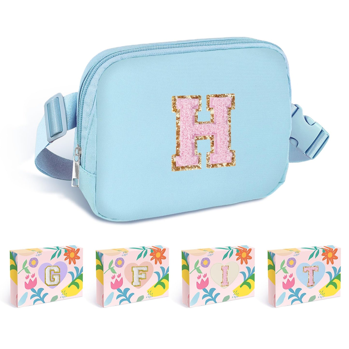 COSHAYSOO Pink Belt Bag Small Waist Fanny Pack Mini Crossbody Purse with Initial Preppy Letter Patch for Teen Girl Women Workout, Cross Body Chest Pouch Trending Birthday Gift Idea (S)
