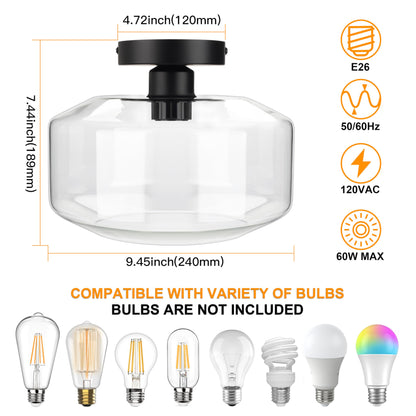 MAXvolador Industrial Semi Flush Mount Ceiling Light, Clear Glass Pendant Lamp Shade, Farmhouse Lighting for Hallway, Vintage Hanging Light Fixtures