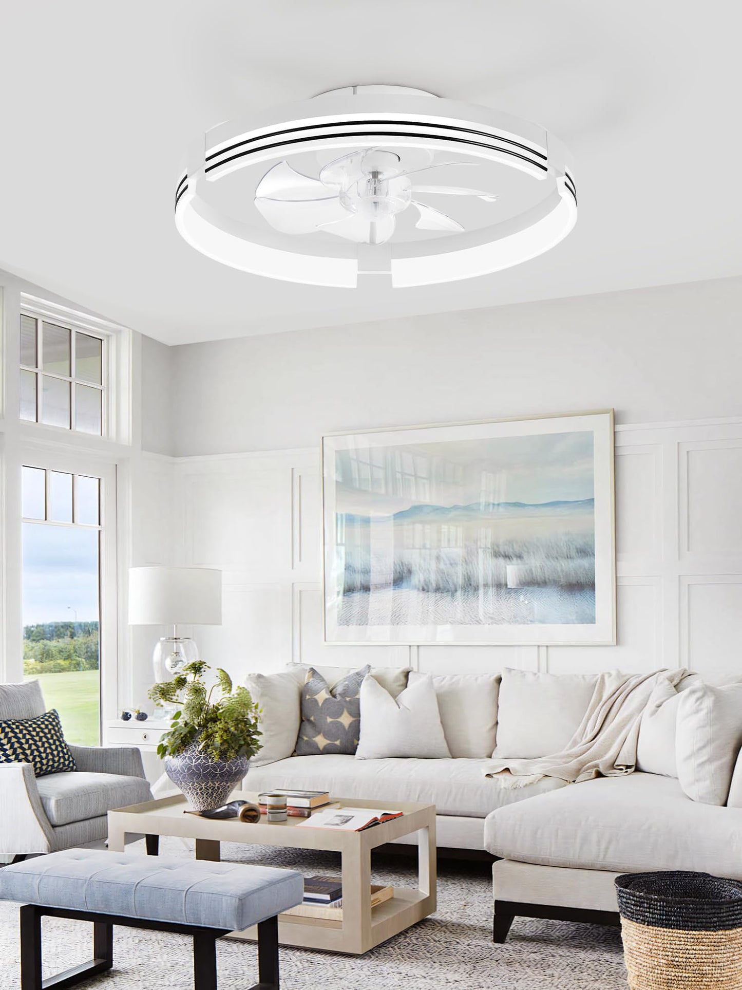Low Profile Ceiling Fans with Lights and Remote, 20 Inch Flush Mount Ceiling Fan with Light, 3000K-6000K Dimmable Fandelier LED Fan Light, 6 Wind Speeds Black Ceiling Fans for Bedroom
